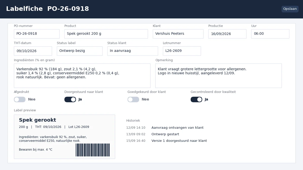 Labelfiche met ingrediënten, THT, klantstatus en controles